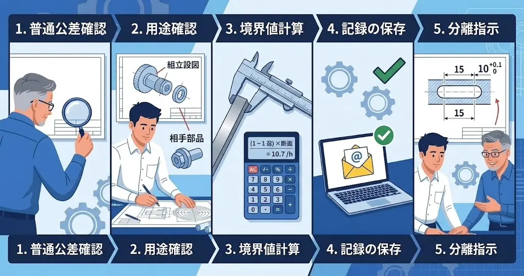 長穴の公差を正しく扱う5つのアクションを並べた手順図