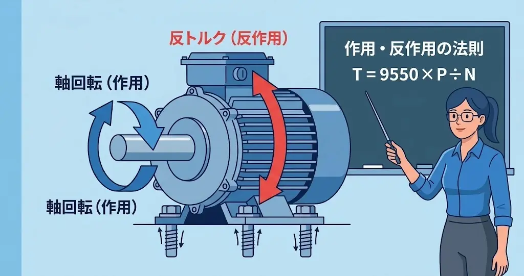 モーターの回転力(作用)に対して、モーター本体に逆向きの力(反作用)として発生する反トルクの原理を示す図解イラスト。