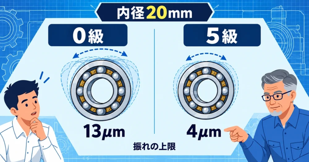 内径20mmの軸受で0級と5級の振れを比較