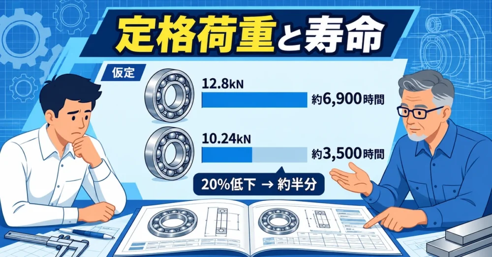 定格荷重が20％低いと計算寿命が約半分になる比較