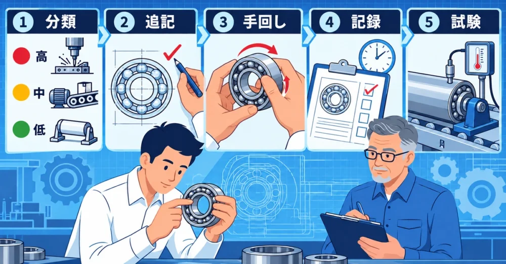 重要度の分類、仕様追記、手回し、記録、試験導入の５行動