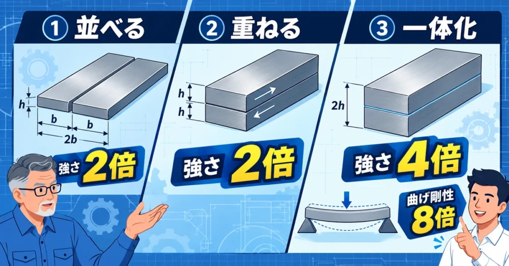 重ね梁の強度が並べ方と一体化で2倍と4倍になる比較