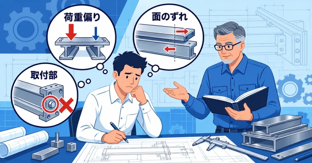 荷重の偏り、板のずれ、取付部の弱さを確認する設計者