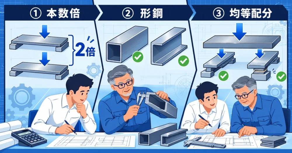 本数倍の計算、形鋼の選択、均等な荷重分配の3つの対策