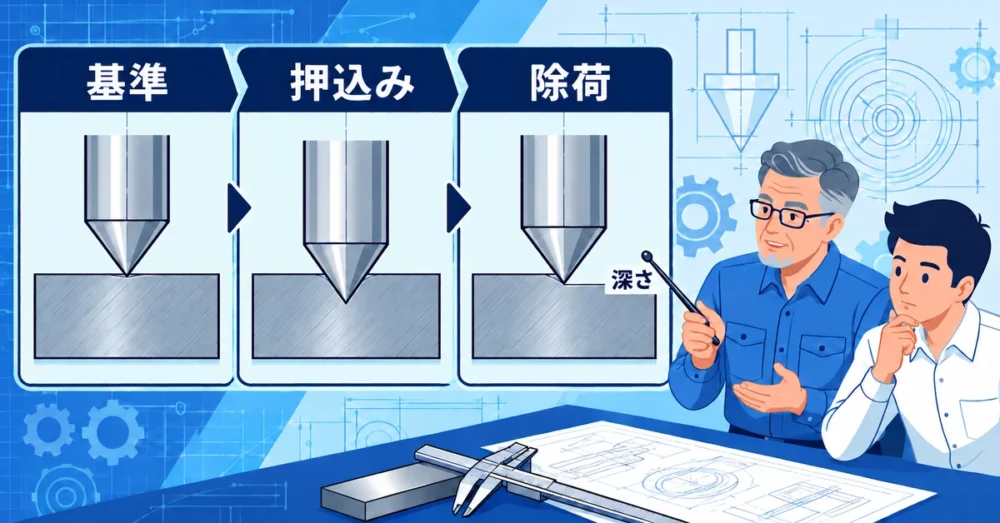 ロックウェル硬さで圧子が残すくぼみの深さを示す断面
