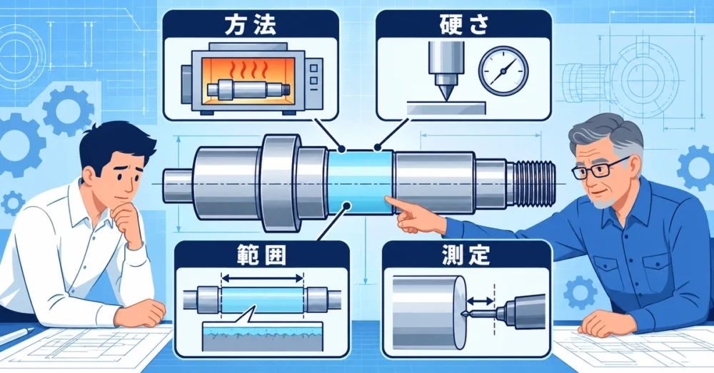 軸の硬化範囲と測定場所を確認する四つの図面指示