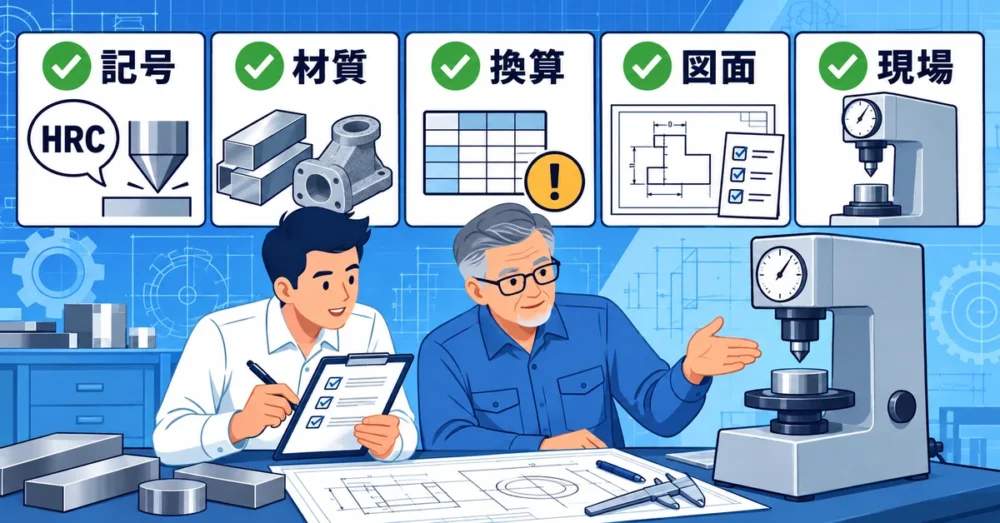 硬さ記号や材質を確認し測定現場を見学する技術者