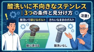 酸洗いで錆びたボルトと綺麗なボルトを比較する技術者のイラスト