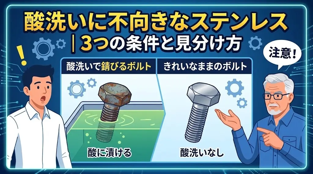 酸洗いで錆びたボルトと綺麗なボルトを比較する技術者のイラスト
