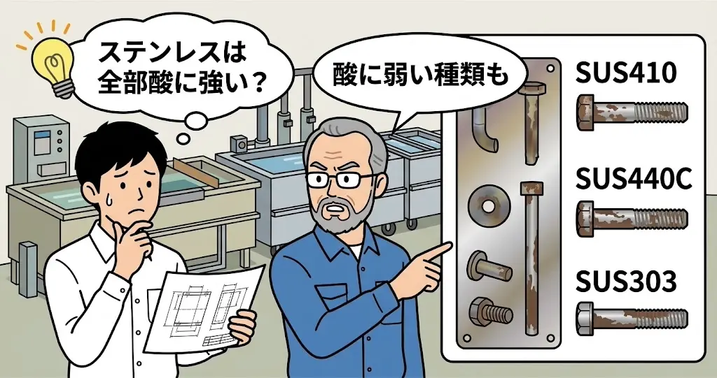ステンレスにも酸洗いに不向きな種類があることを伝える技術者の図解