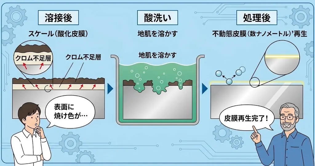 酸洗いがステンレス表面のスケールを溶かし皮膜を再生する仕組みの図解