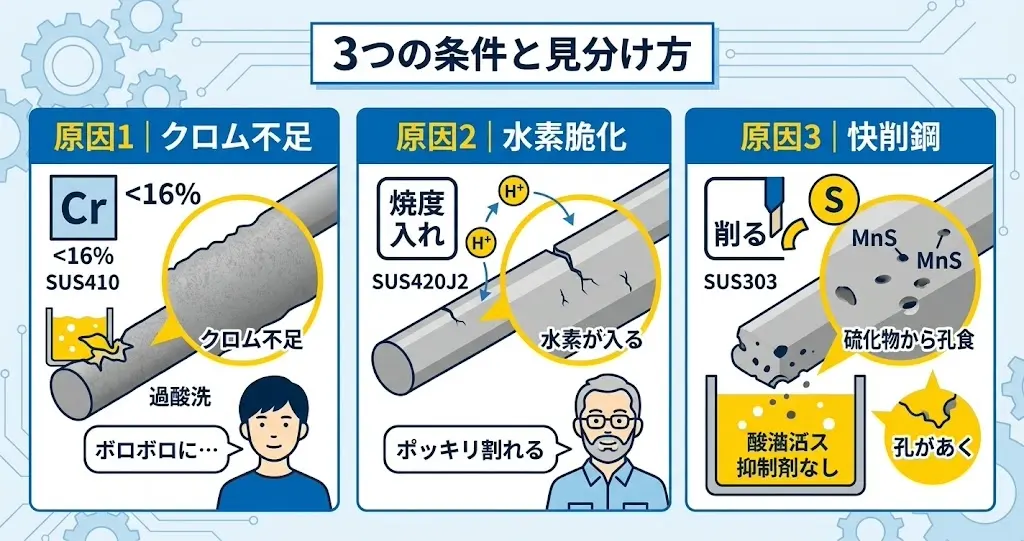 ステンレスが酸洗いに不向きになる3つの原因を整理したインフォグラフィック