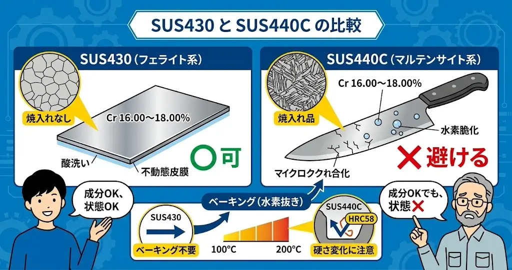 成分と熱処理状態で異なるSUS430とSUS440Cの酸洗い可否の比較