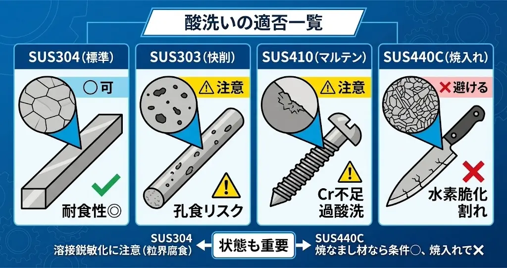 ステンレスの主要鋼種ごとに酸洗いの可否と理由をまとめた比較図