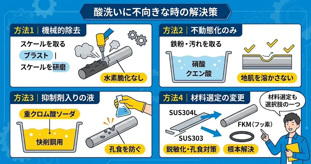 酸洗いに不向きなステンレスのスケール除去や錆対策の解決方法を示す図