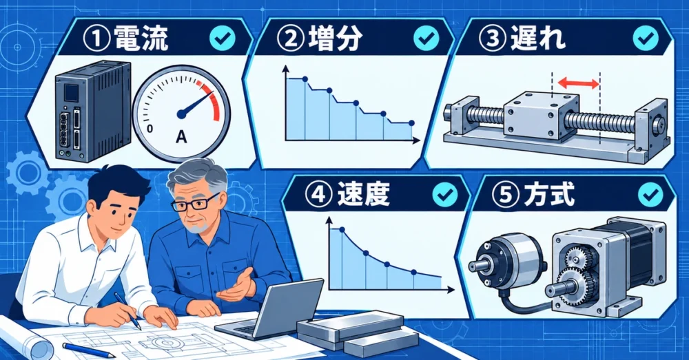 電流と力と位置ずれと速度と駆動方式を確認する設計者