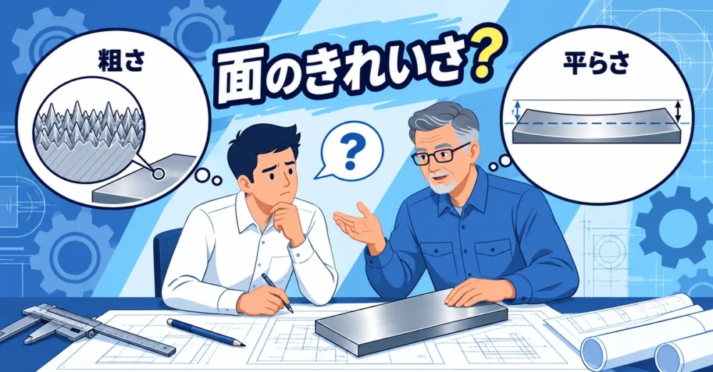 面精度と面粗度の受け取り方を確かめ合う若手とベテラン