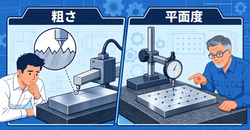 粗さを測る触針と板全体を調べるダイヤルゲージ