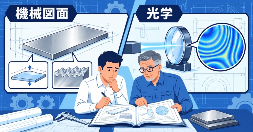 機械図面と光学レンズで異なる面精度の意味を調べる二人