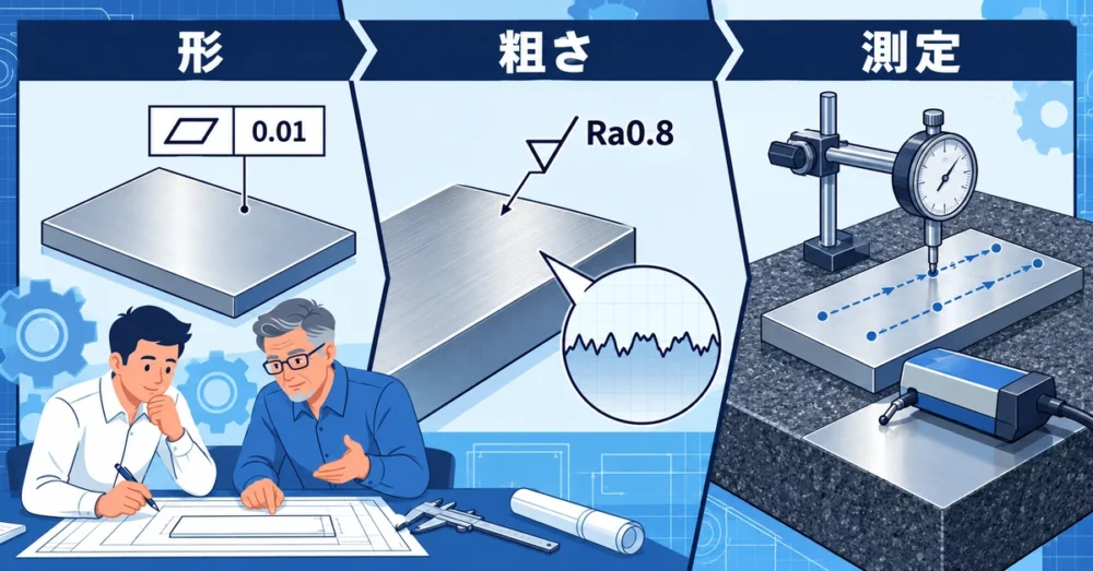 面精度と面粗度の要求を平面度とRaに分けて確認する二人