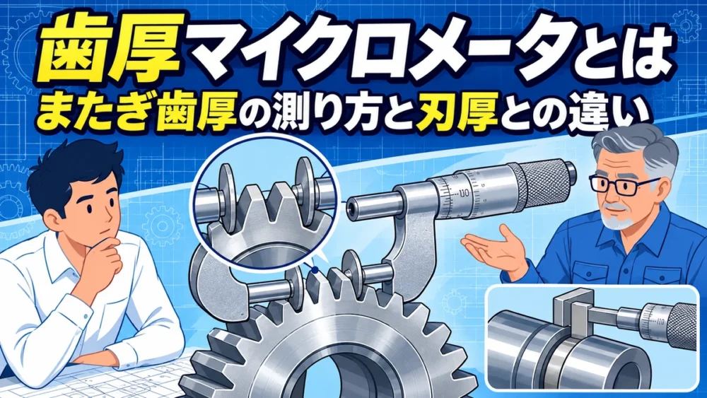 歯厚マイクロメータで歯車を測る若手とベテラン