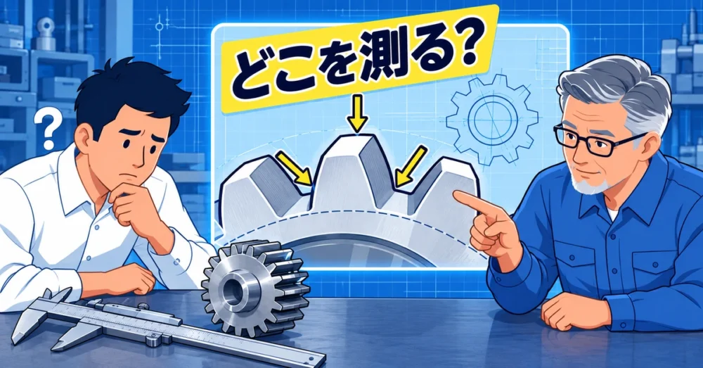歯車と測定具を前に測る場所に迷う若手設計者