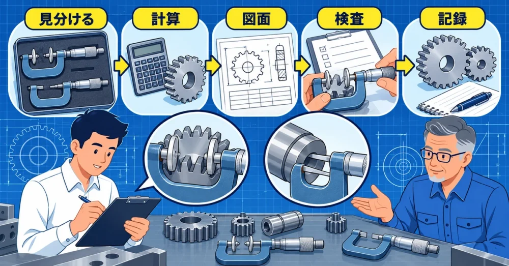 測定具の確認から計算と検査記録へ進む五つの行動